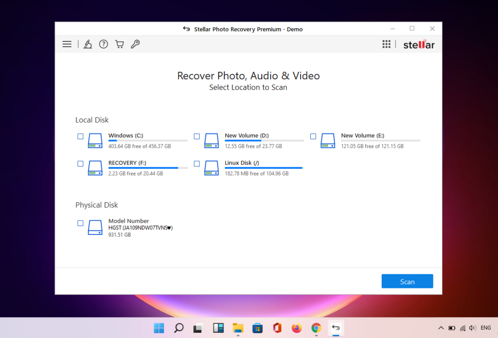 select drive to scan for photo recovery.